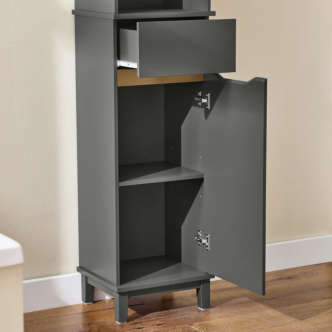 Højt badeværelsesskab med 3 hylder, 1 dør og 1 skuffe, L35 cm x D30 cm x H170 cm, grå