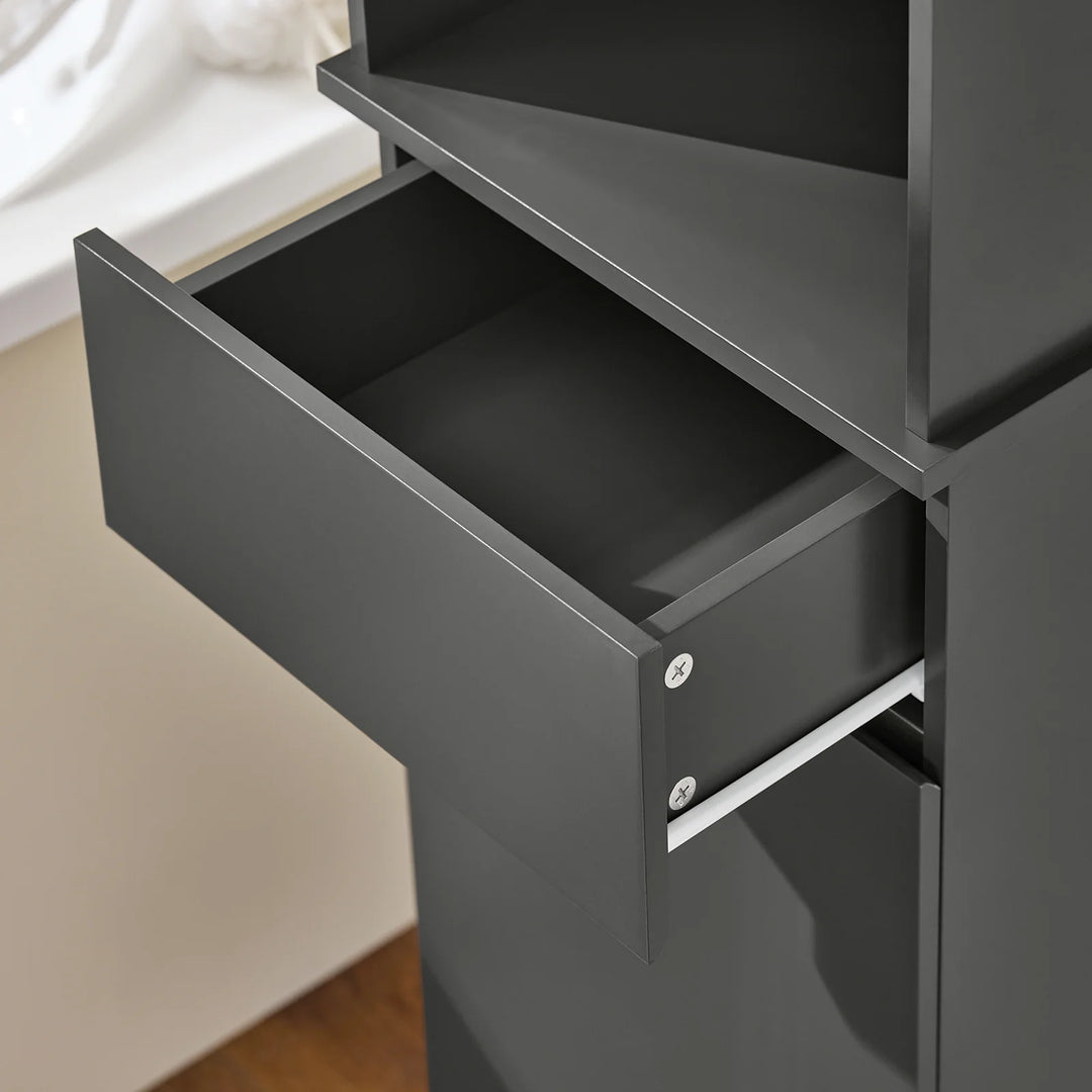 Højt badeværelsesskab med 3 hylder, 1 dør og 1 skuffe, L35 cm x D30 cm x H170 cm, grå