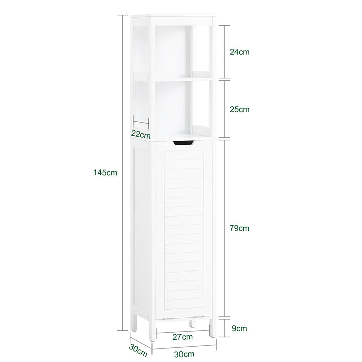 Stilfuldt og funktionelt badeværelsesskab med vasketøjskurv, L30xB30xH145 cm, hvid