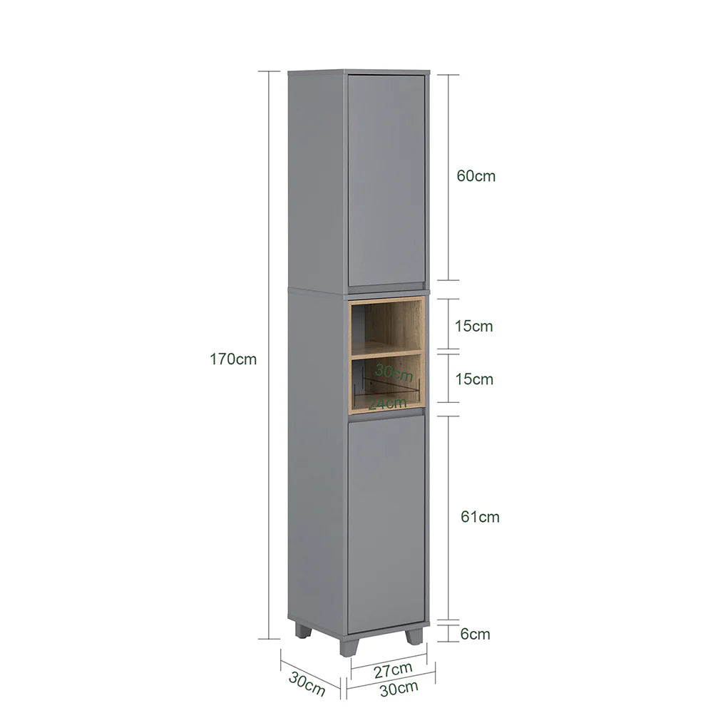 Højt skab til badeværelset, minimalistisk design, L30xB30xH170 cm, grå