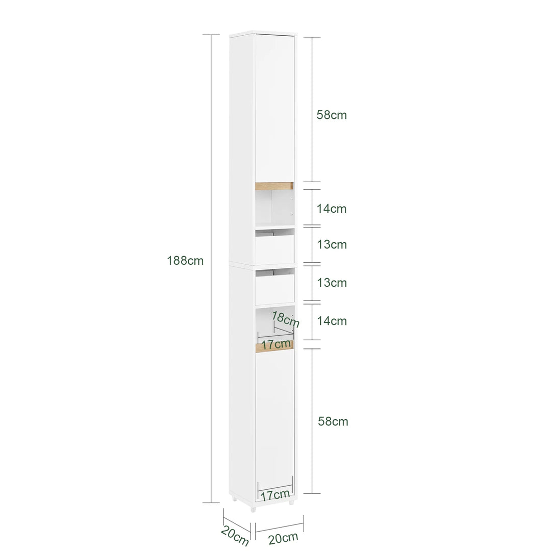 Stilfuldt badeværelsesskab til smalle rum i hvid (20 x 20 x 96 cm)