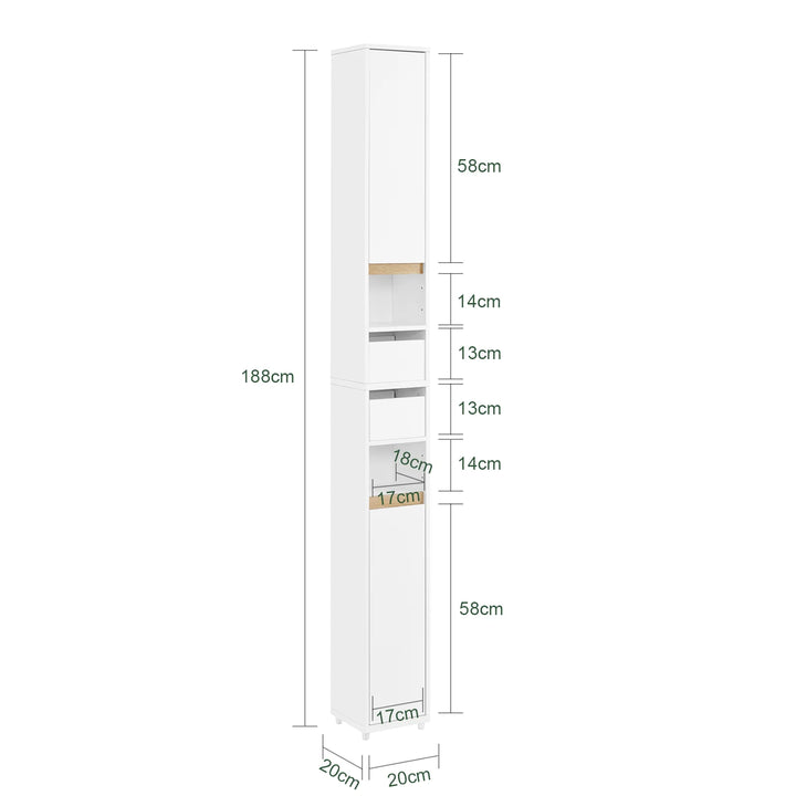 Stilfuldt badeværelsesskab til smalle rum i hvid (20 x 20 x 96 cm)