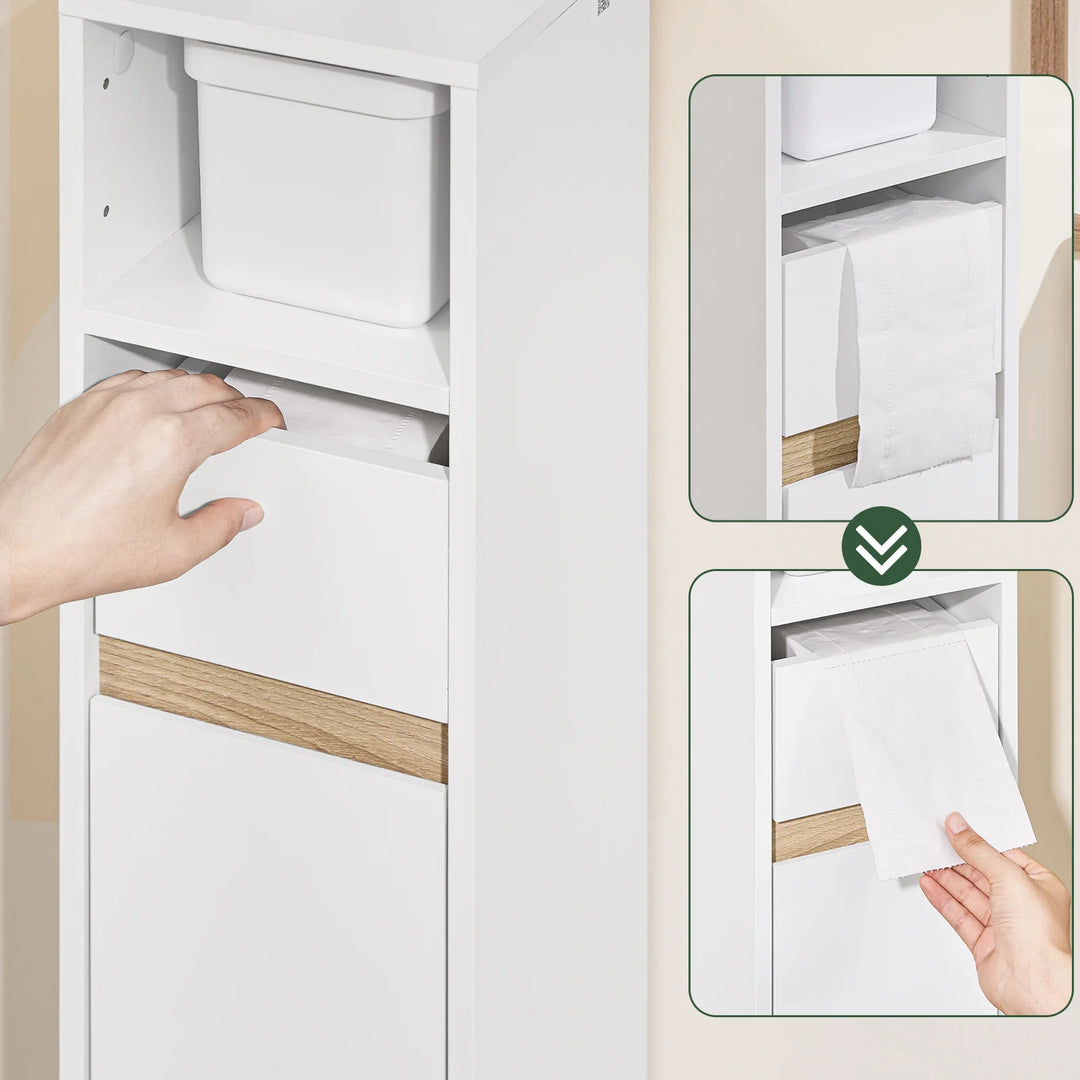 Stilfuldt badeværelsesskab til smalle rum i hvid (20 x 20 x 96 cm)