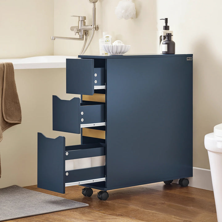 Slankt badeværelsesskab med hjul, D23 cm x L65 cm x H83 cm, blå