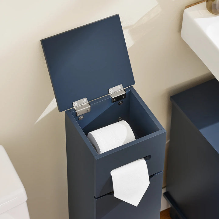 Pladsbesparende blå toiletpapirholder, L22xB20xH81 cm