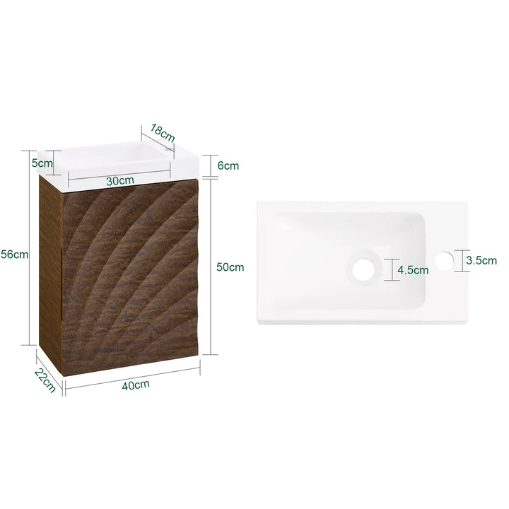 Vægmonteret underskab med keramisk håndvask, L40xB22xH56cm, brun