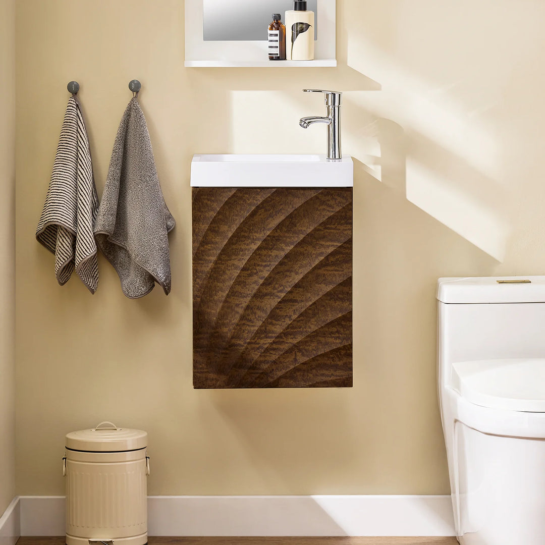 Vægmonteret underskab med keramisk håndvask, L40xB22xH56cm, brun