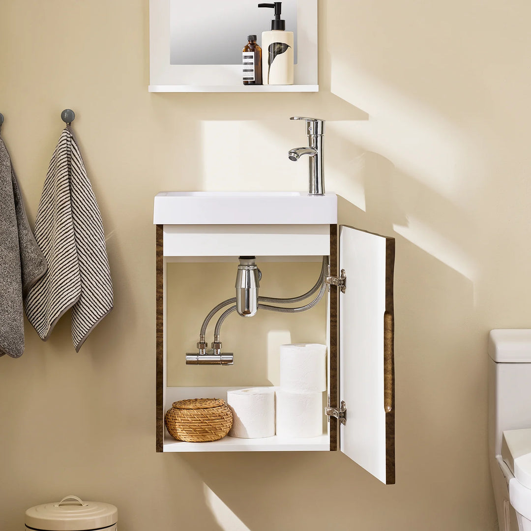 Vægmonteret underskab med keramisk håndvask, L40xB22xH56cm, brun