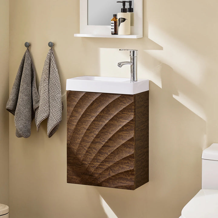 Vægmonteret underskab med keramisk håndvask, L40xB22xH56cm, brun