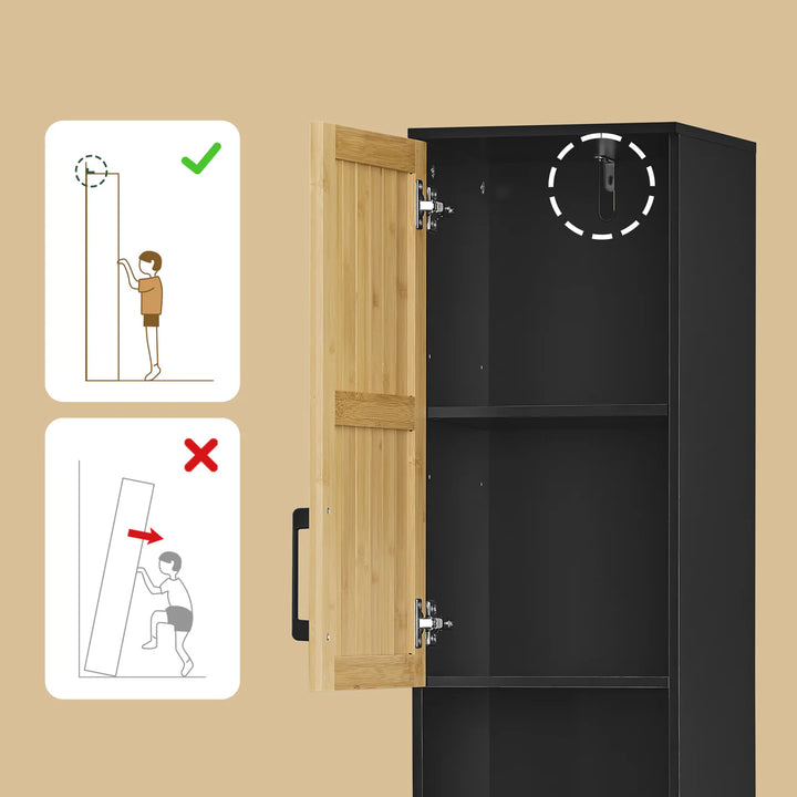 Smal og elegant badeværelsesreol i sort og naturfarve, B30xD30xH170 cm