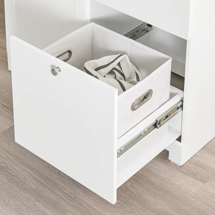 Vasketøjsstation: smalt badeværelsesskab med 3 kurve og opbevaring, 78x38x90 cm, hvid