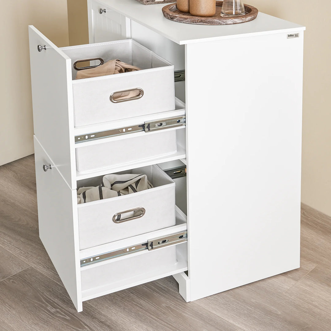 Vasketøjsstation: smalt badeværelsesskab med 3 kurve og opbevaring, 78x38x90 cm, hvid