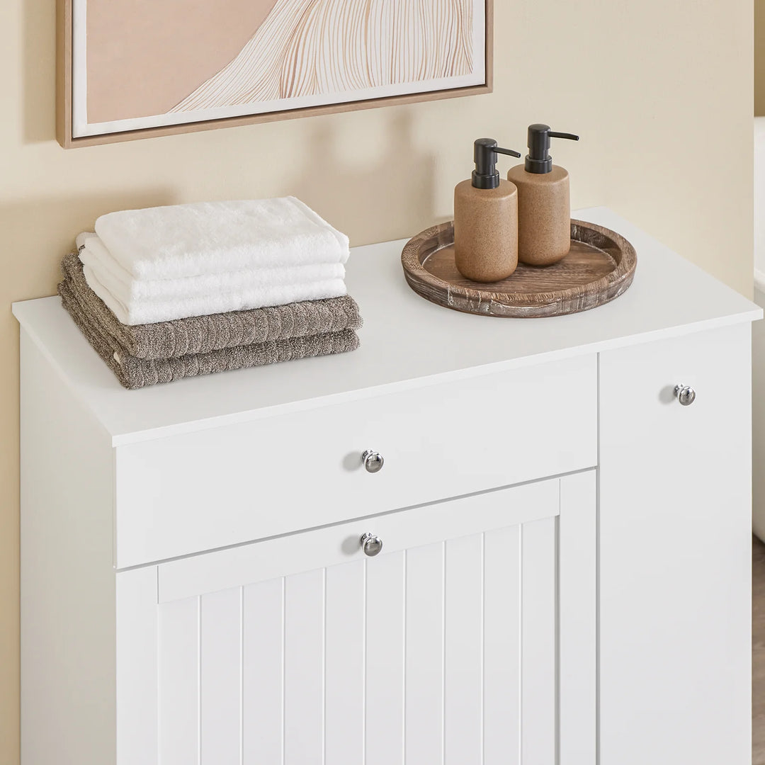 Badeværelsesskab med vasketøjsopsamler - badeværelsesskab med 1 skuffe, 2 vaskekurve og udtræksrum, smal højskab til badeværelsesmøbler kombination - 78 x 38 x 90 cm skab til badeværelse