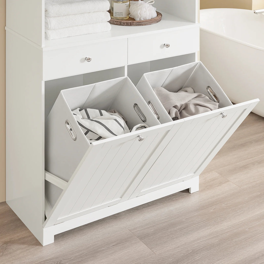 Badeværelsesmøbel til rodfri hverdag: skab med dobbelt vasketøjskurv og skuffer, 78x38x181 cm