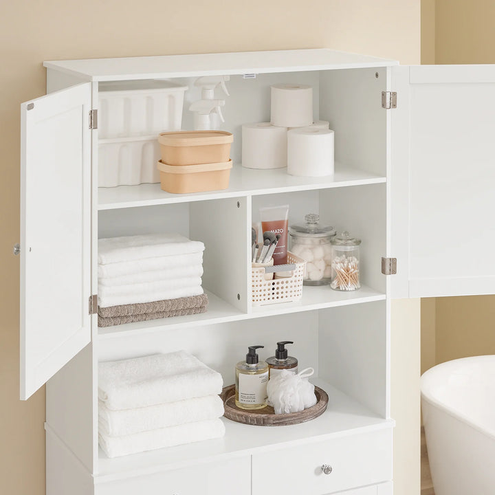 Badeværelsesmøbel til rodfri hverdag: skab med dobbelt vasketøjskurv og skuffer, 78x38x181 cm