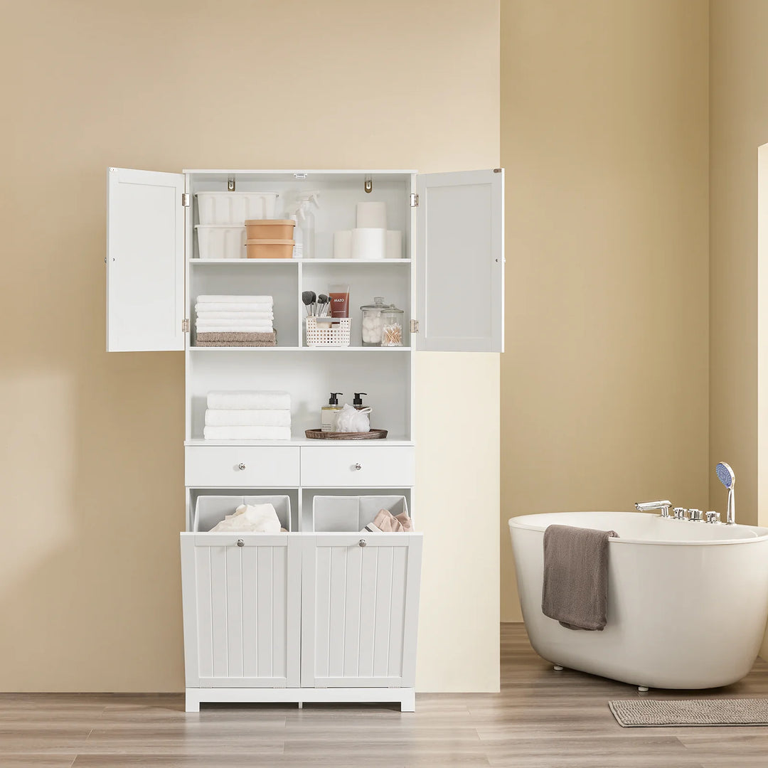 Badeværelsesmøbel til rodfri hverdag: skab med dobbelt vasketøjskurv og skuffer, 78x38x181 cm
