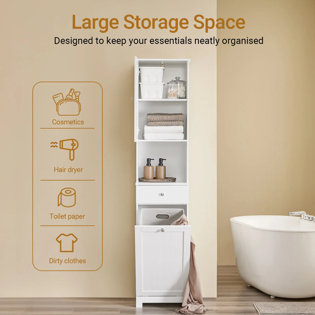 Hvidt badeværelsesskab (40x38x180 cm), kombineret med skuffe, åbent rum og vasketøjskurv