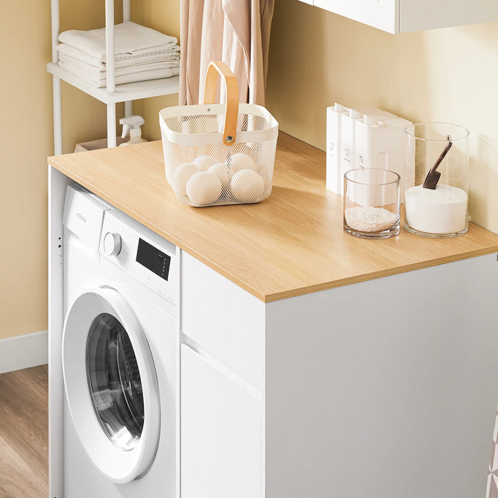 Vaskemaskineskab med kurv og skuffe – hvidt badeværelsesskab med opbevaring, egnet til vaskemaskine og tørretumbler, mål 100 x 60 x 90 cm