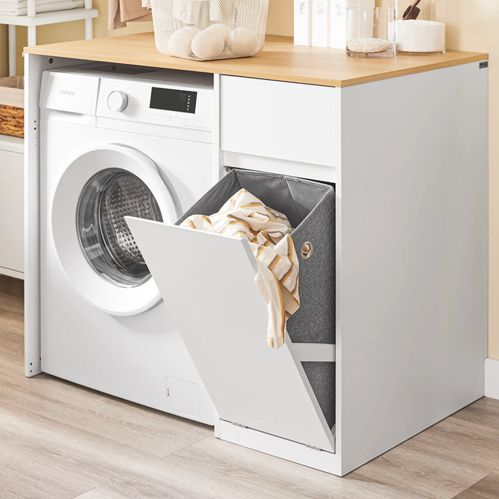 Vaskemaskineskab med kurv og skuffe – hvidt badeværelsesskab med opbevaring, egnet til vaskemaskine og tørretumbler, mål 100 x 60 x 90 cm