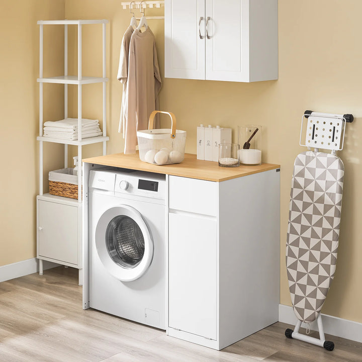 Vaskemaskineskab med kurv og skuffe – hvidt badeværelsesskab med opbevaring, egnet til vaskemaskine og tørretumbler, mål 100 x 60 x 90 cm