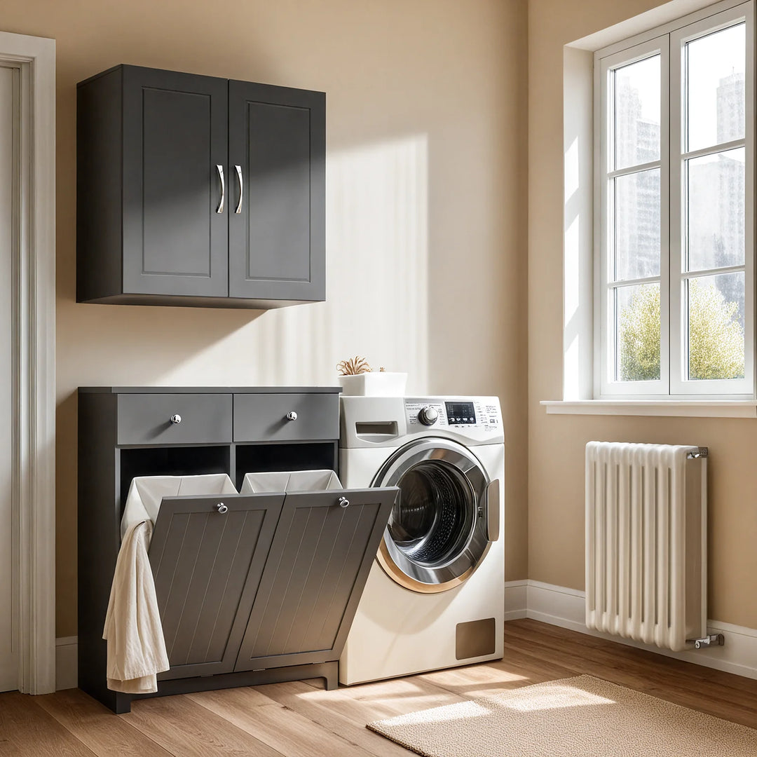 Badeværelsesskab med 2 vasketøjskurve, 78 x 38 x 91 cm, grå