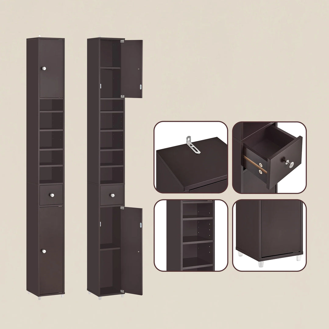 Højt badeværelsesskab med 5 åbne hylder, 2 døre og 1 skuffe, 20x180x20 cm, brun