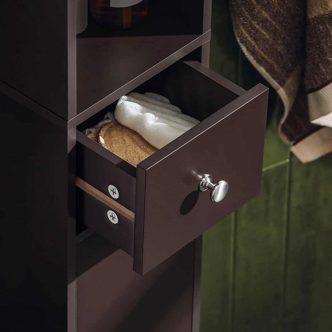 Højt badeværelsesskab med 5 åbne hylder, 2 døre og 1 skuffe, 20x180x20 cm, brun