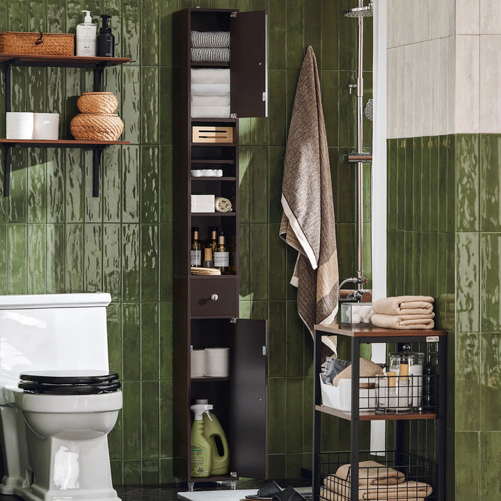 Højt badeværelsesskab med 5 åbne hylder, 2 døre og 1 skuffe, 20x180x20 cm, brun