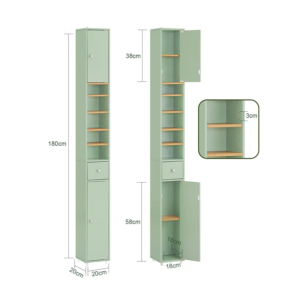 Pladsbesparende højskab i trendy grøn til badeværelset, L20xB20xH180cm