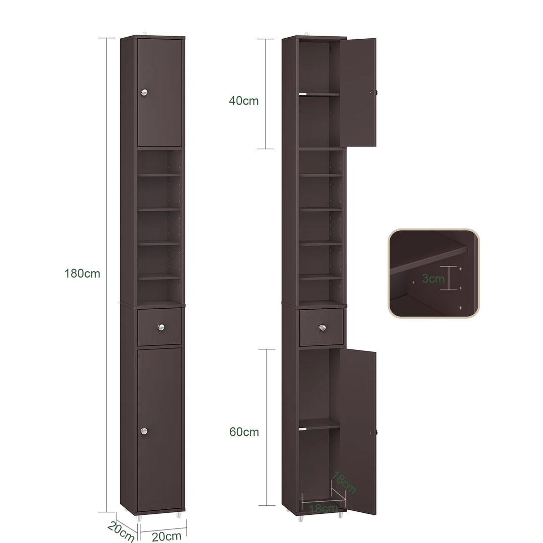 Ultra kompakt babeværelsesskab (20x20 cm) udnytter selv de mindste hjørner, 180 cm højde, brun