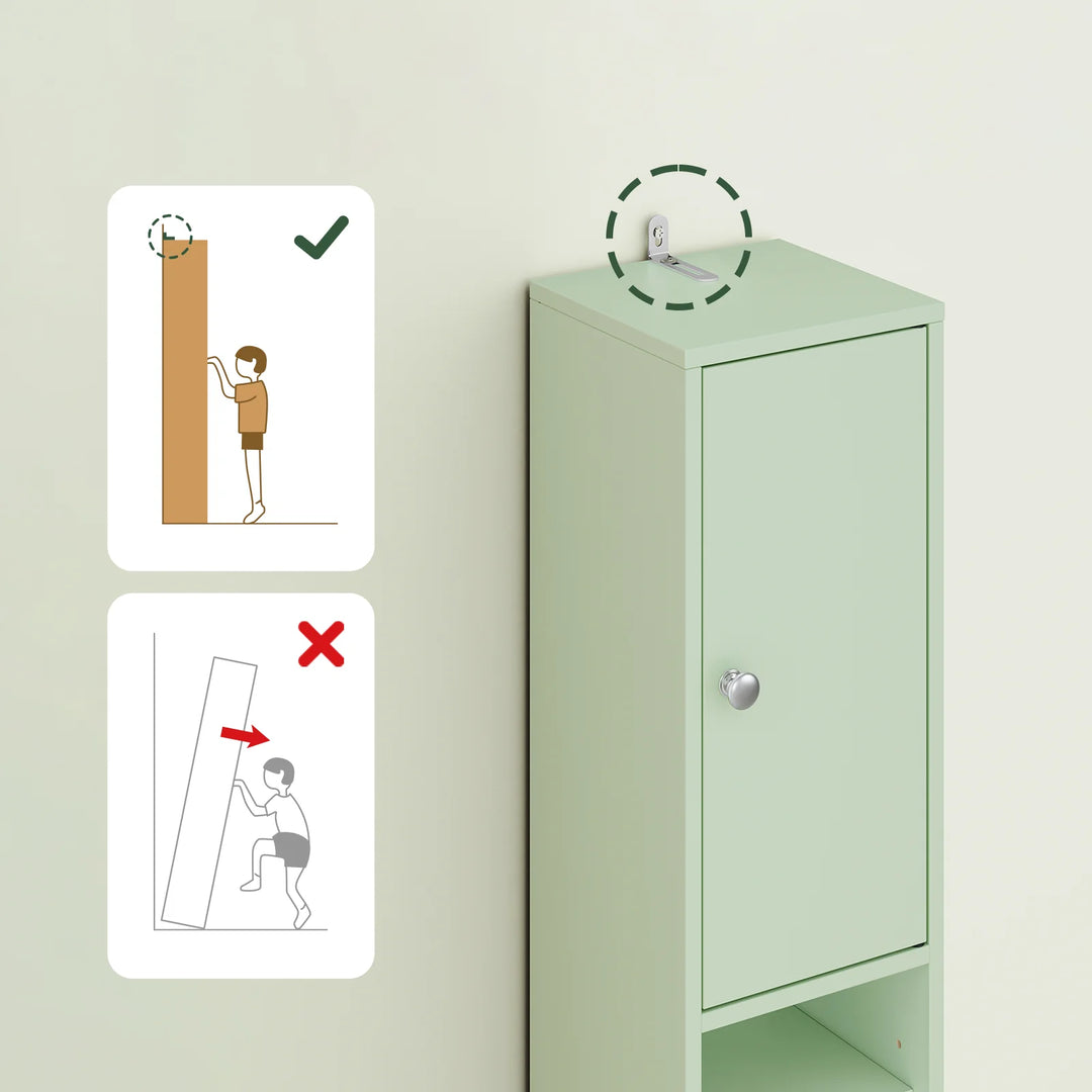 Stilfuldt, smalt badeværelsesskab i lysegrøn (20 x 20 x 180 cm)