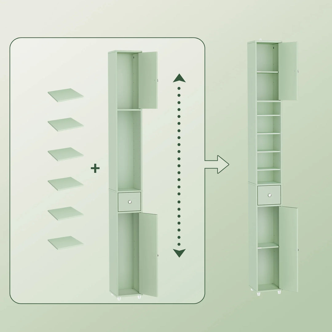 Stilfuldt, smalt badeværelsesskab i lysegrøn (20 x 20 x 180 cm)