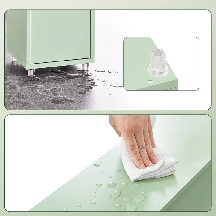 Stilfuldt, smalt badeværelsesskab i lysegrøn (20 x 20 x 180 cm)