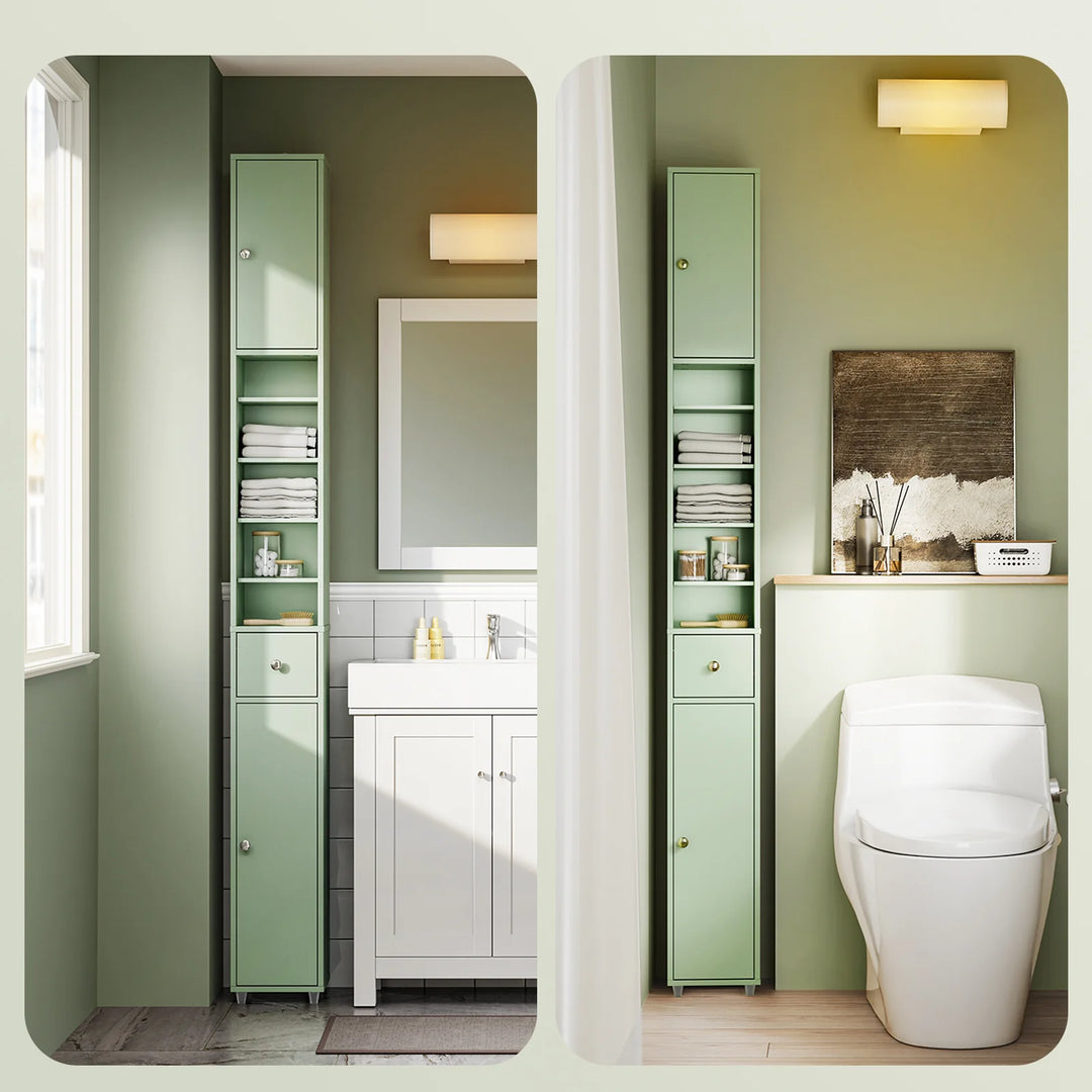 Stilfuldt, smalt badeværelsesskab i lysegrøn (20 x 20 x 180 cm)