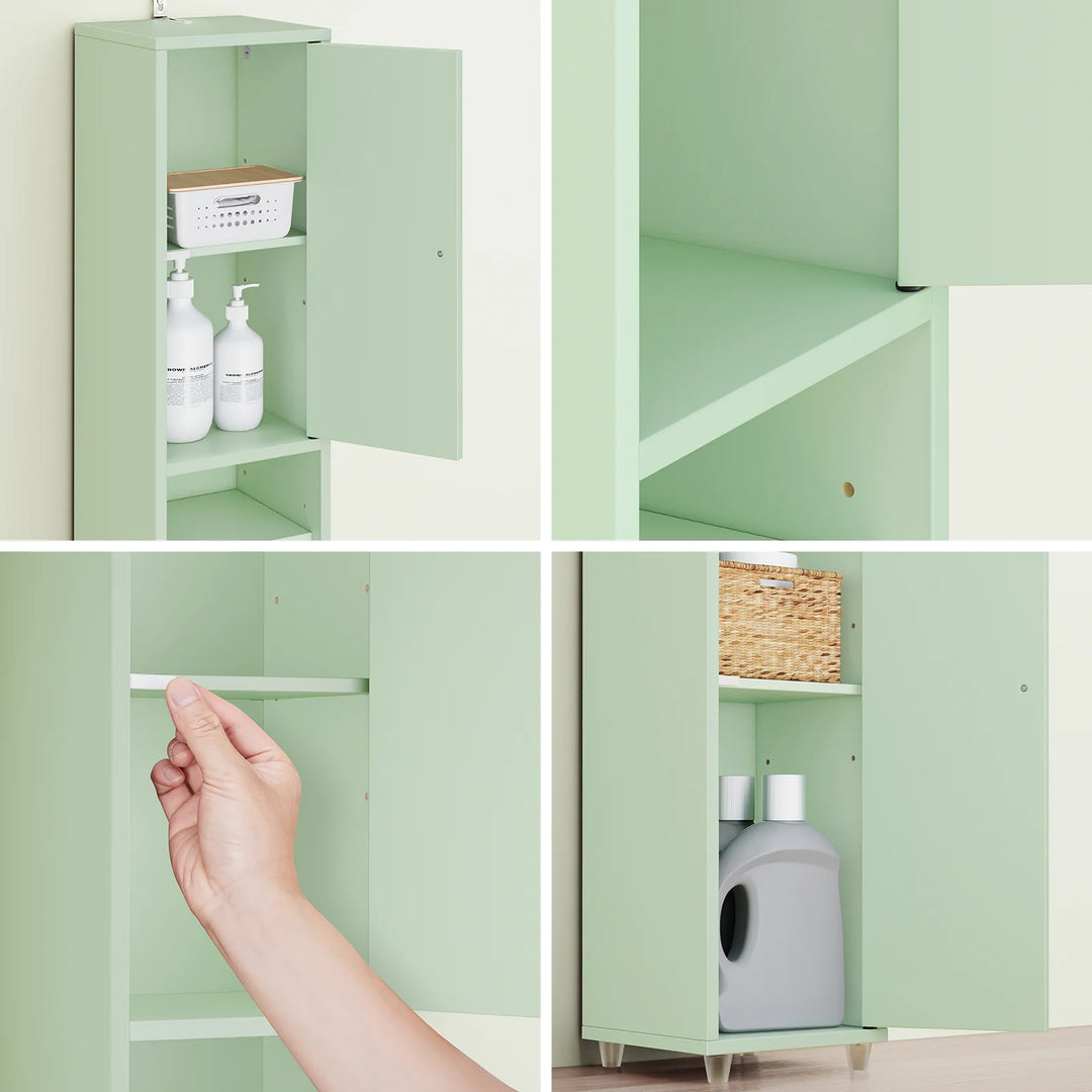 Stilfuldt, smalt badeværelsesskab i lysegrøn (20 x 20 x 180 cm)