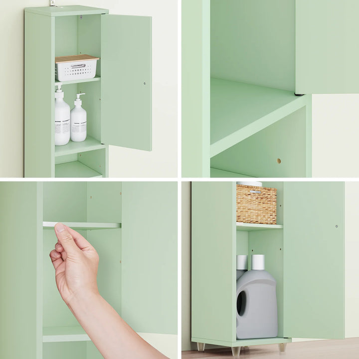 Stilfuldt, smalt badeværelsesskab i lysegrøn (20 x 20 x 180 cm)