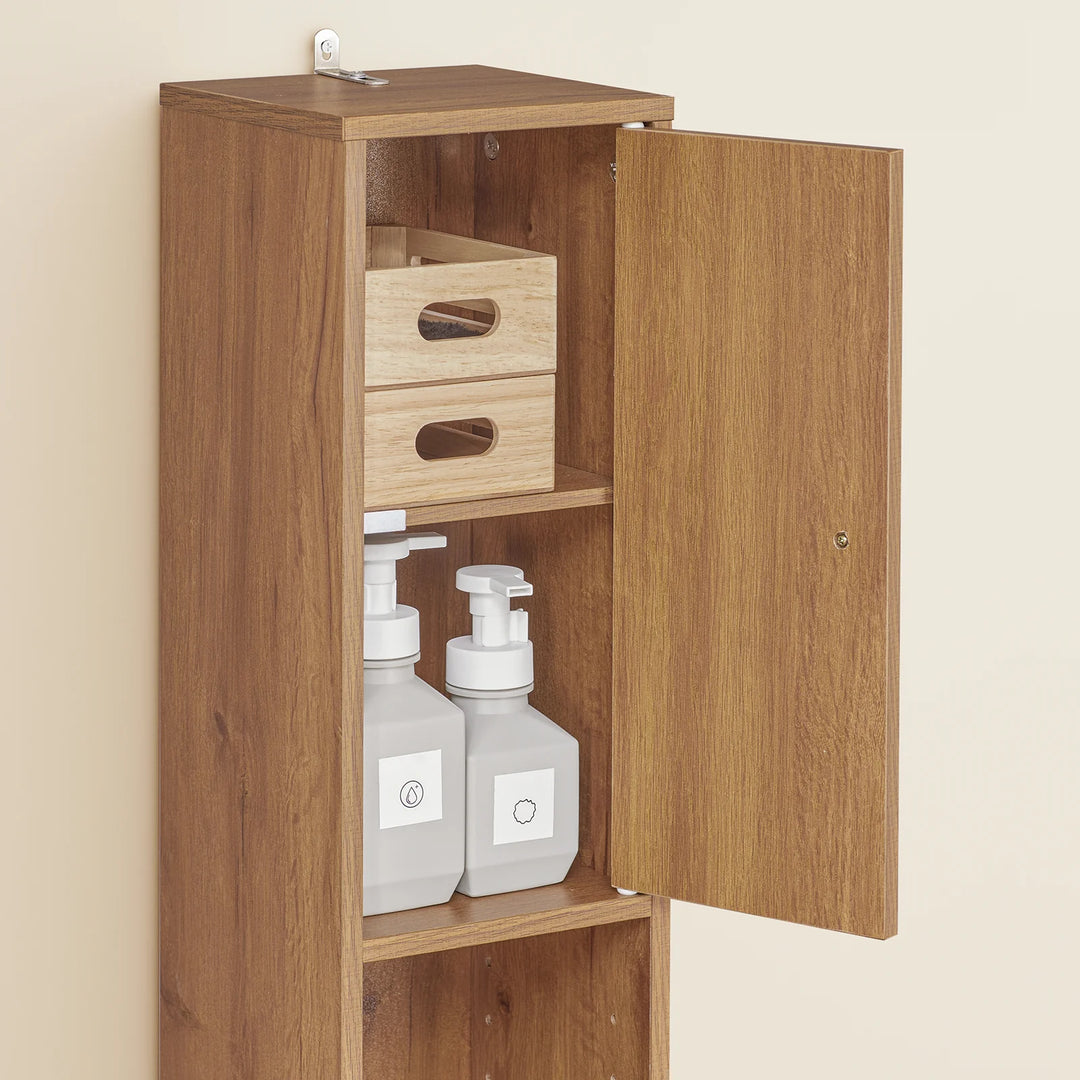 Stilfuldt badeværelsesskab i naturligt trælook (20 x 20 x 180 cm)