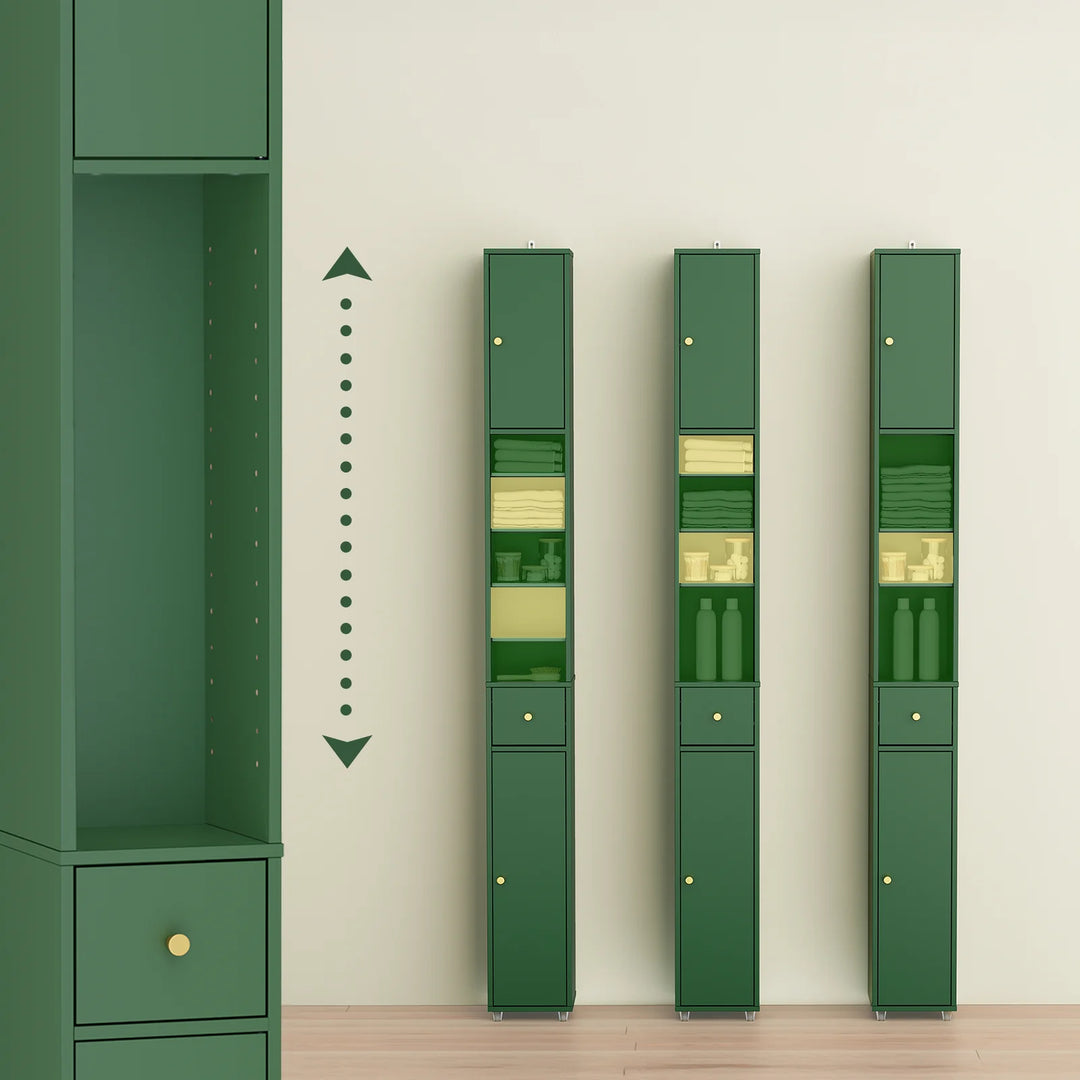 Maksimer pladsen med et elegant og slankt højskab i mørkegrøn (20 x 20 x 180 cm)