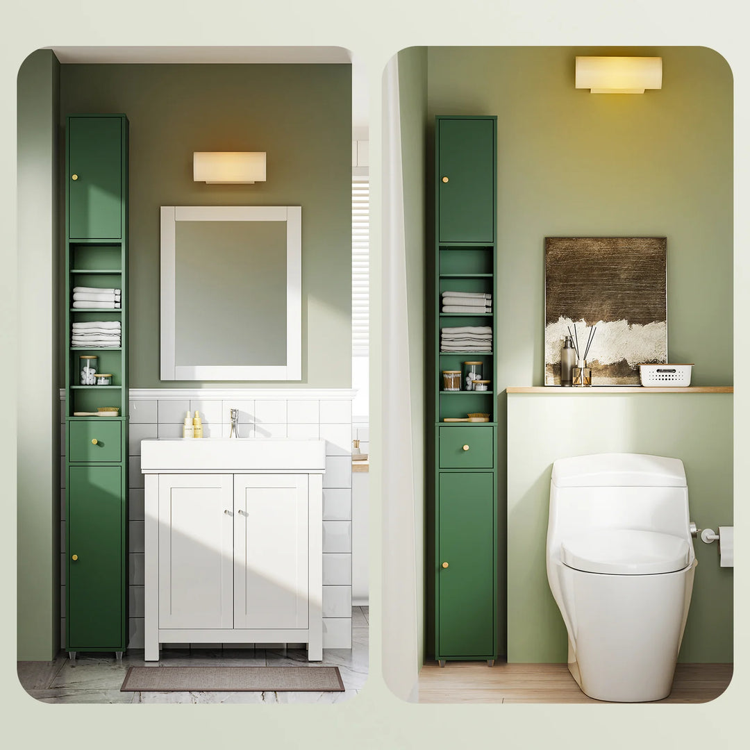 Maksimer pladsen med et elegant og slankt højskab i mørkegrøn (20 x 20 x 180 cm)