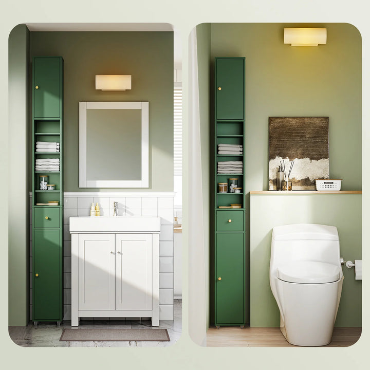 Maksimer pladsen med et elegant og slankt højskab i mørkegrøn (20 x 20 x 180 cm)