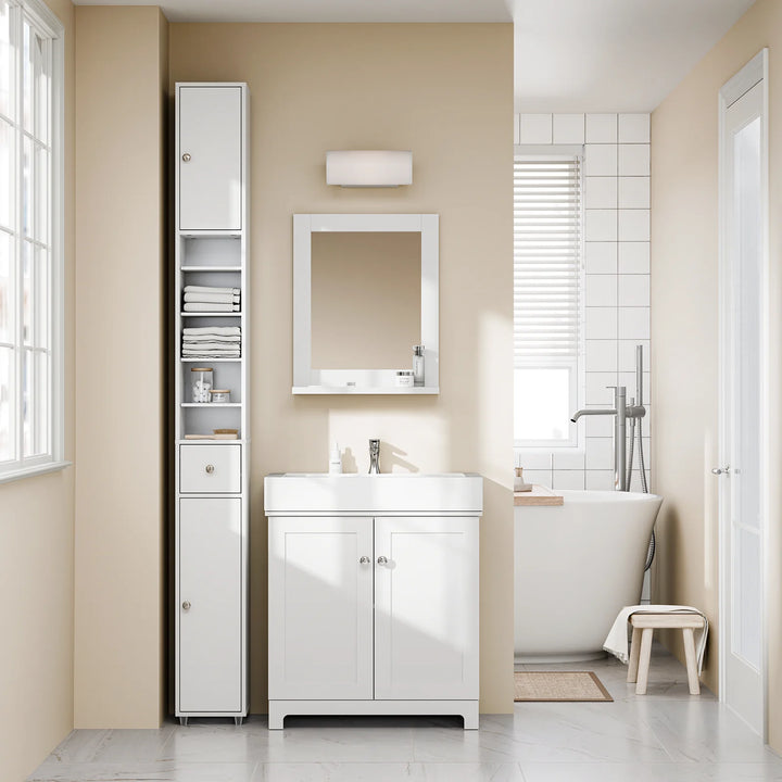 Kompakt badeværelsesskab – fritstående med justerbare hylder og skuffe, B20 x D20 x H180cm, hvid