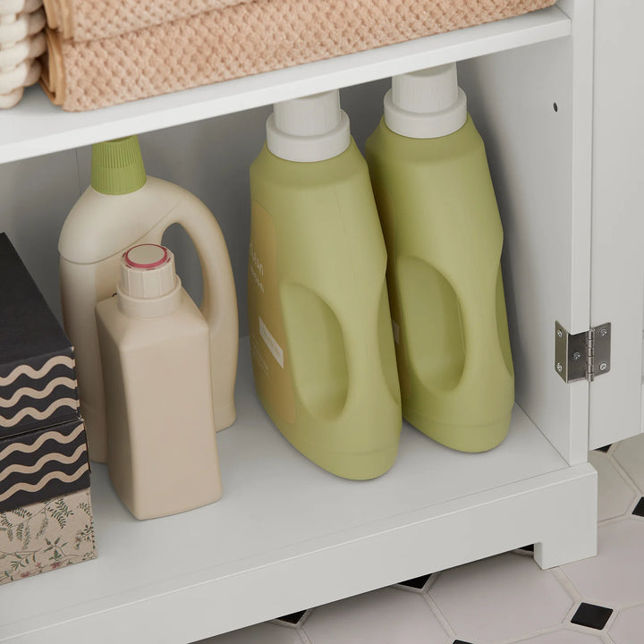 Rummeligt badeværelsesskab, skandi-look, B60 x D30 x H160 cm, hvid