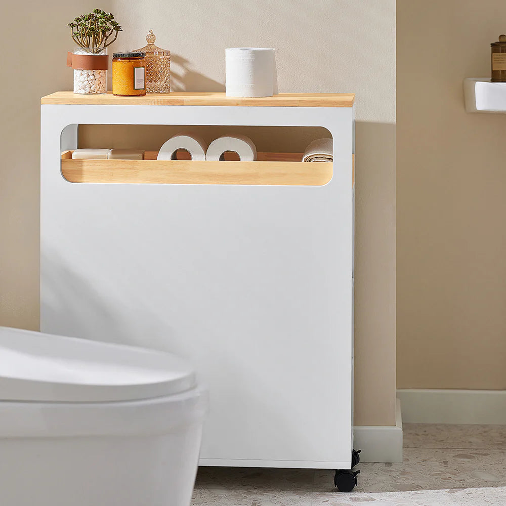 Rullevogn / badeværelsesskab til toiletpapir og opbevaring, smalt, B65 x D23 x H82 cm, hvid