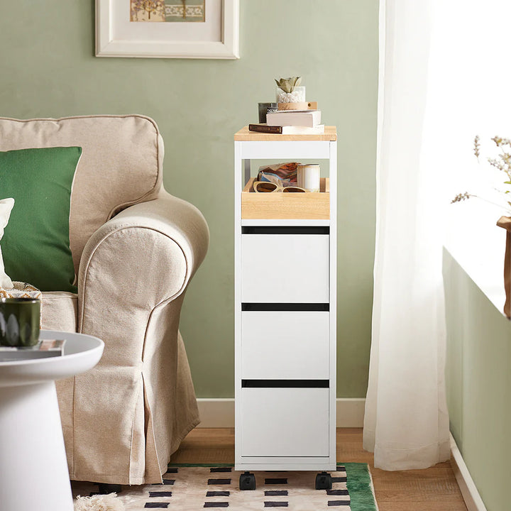 Rullevogn / badeværelsesskab til toiletpapir og opbevaring, smalt, B65 x D23 x H82 cm, hvid