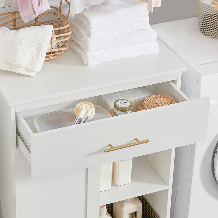 Badeværelsesskab med indbygget vasketøjskurv, skandi-look, B66 x D37 x H95 cm, hvid