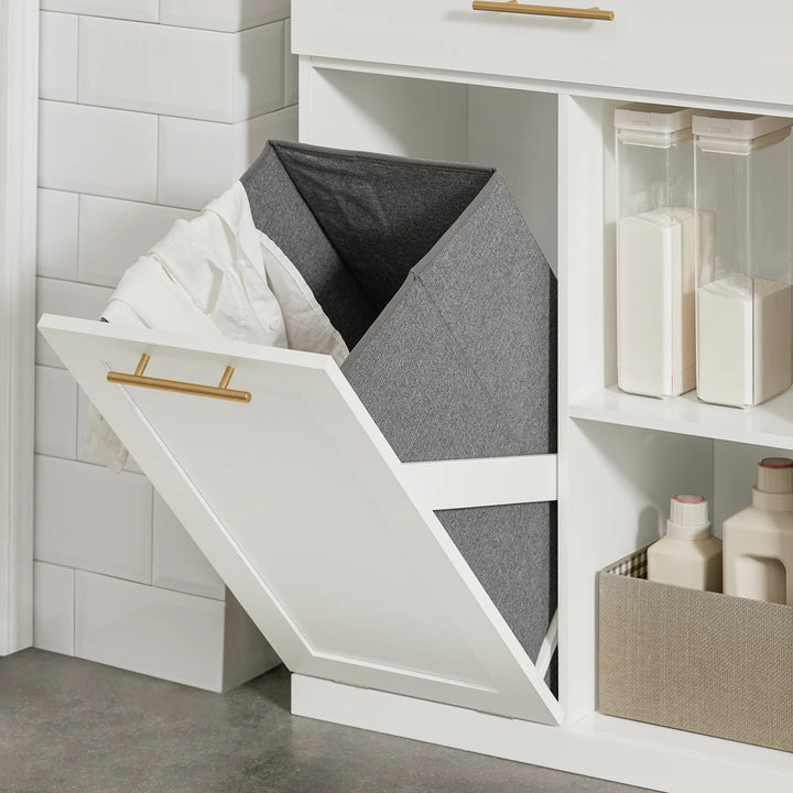 Badeværelsesskab med indbygget vasketøjskurv, skandi-look, B66 x D37 x H95 cm, hvid