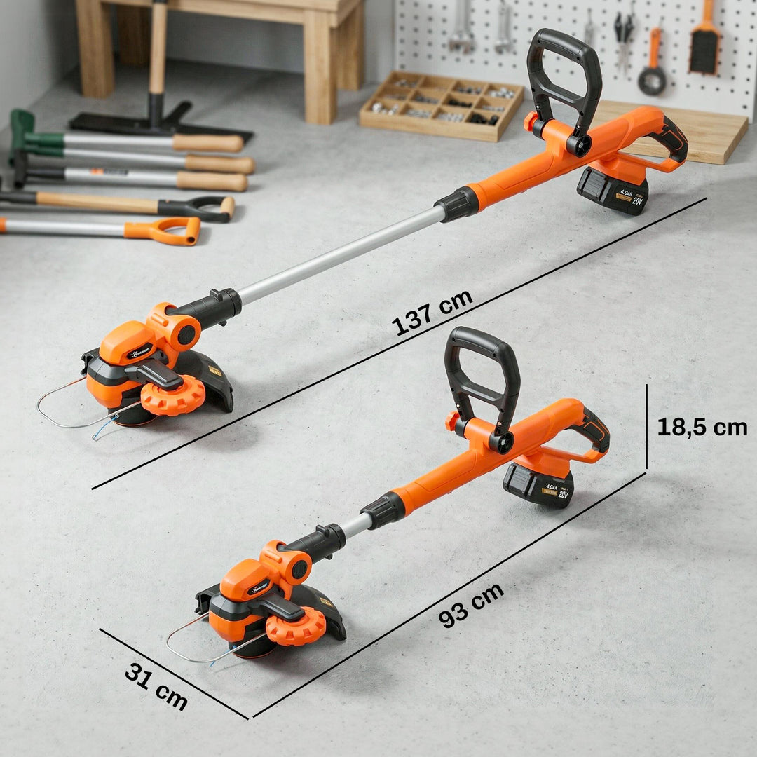 21V batteridrevet græstrimmer/buskrydder med 2 x 4,0 Ah batterier, oplader, 25 cm klippebredde, justerbart teleskophåndtag
