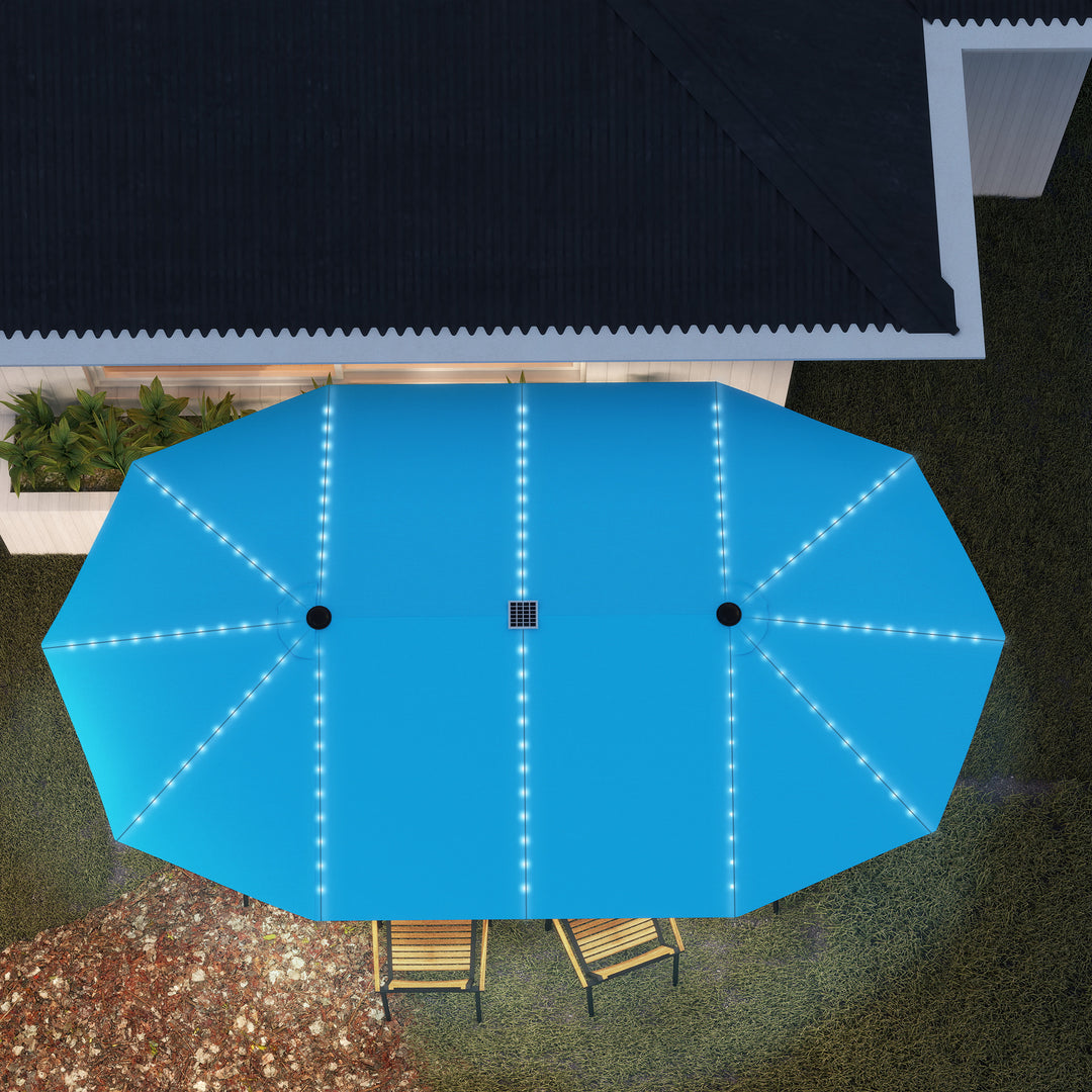 Dobbeltparasol med solcellelamper, aluminium, polyester, upf 50+ beskyttelse, uv-resistent, terrasseparasol, blå