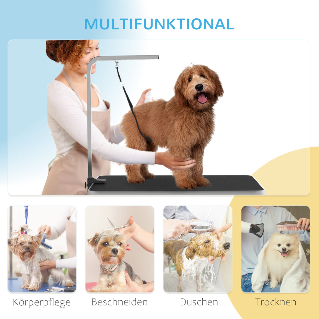 Hundetrimmebord med justerbar arm og opbevaringsrum, gummioverflade, 90 x 60 x 76 cm, sort