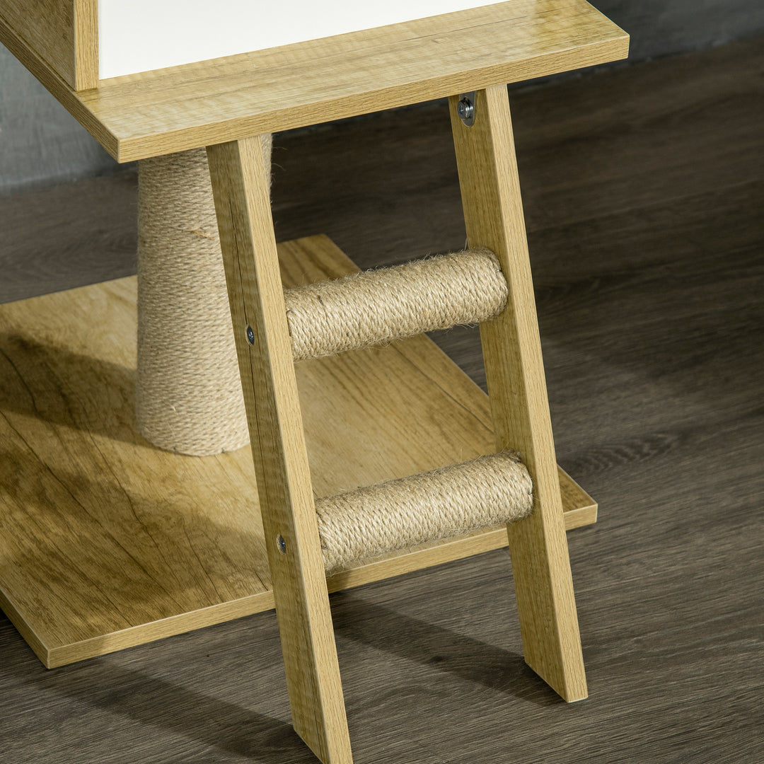 Kradsetræ, lofthøjt, kattehus, to platforme, hængekøje, anti-tip, lysebrun + beige, 40 x 40 x 260 cm